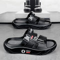 Platform men's sandals with EVA upper and raised sole in black orange colour, side view