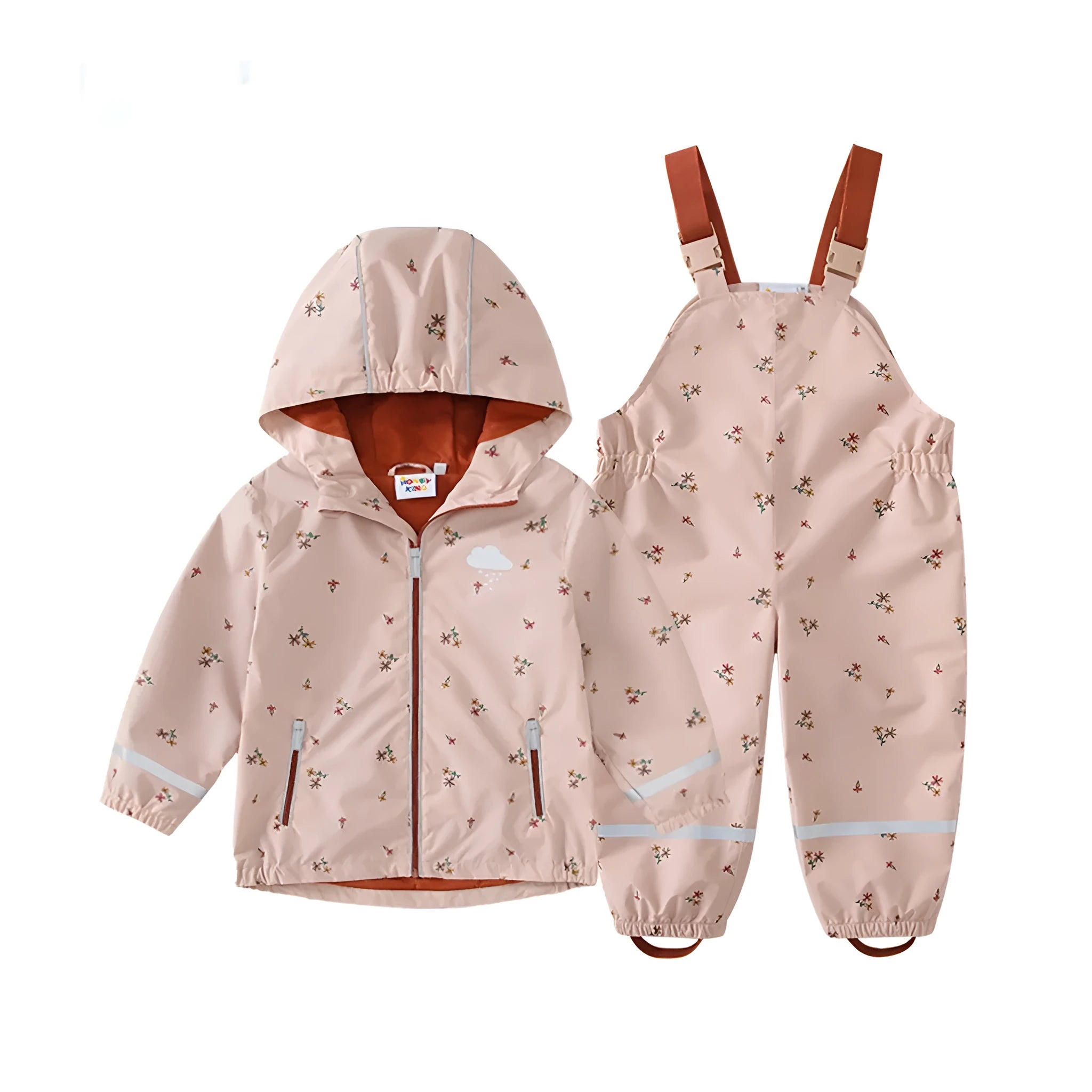 Pink floral children's rain jacket and pants set with hood, reflective details, and loose fit on a child outdoors