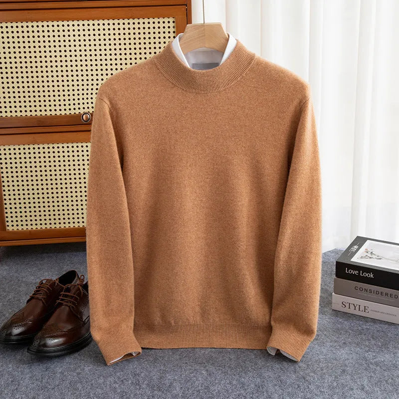 Men's loose-fit half-collar wool sweater in coarse knit yarn, shown in a camel colour.