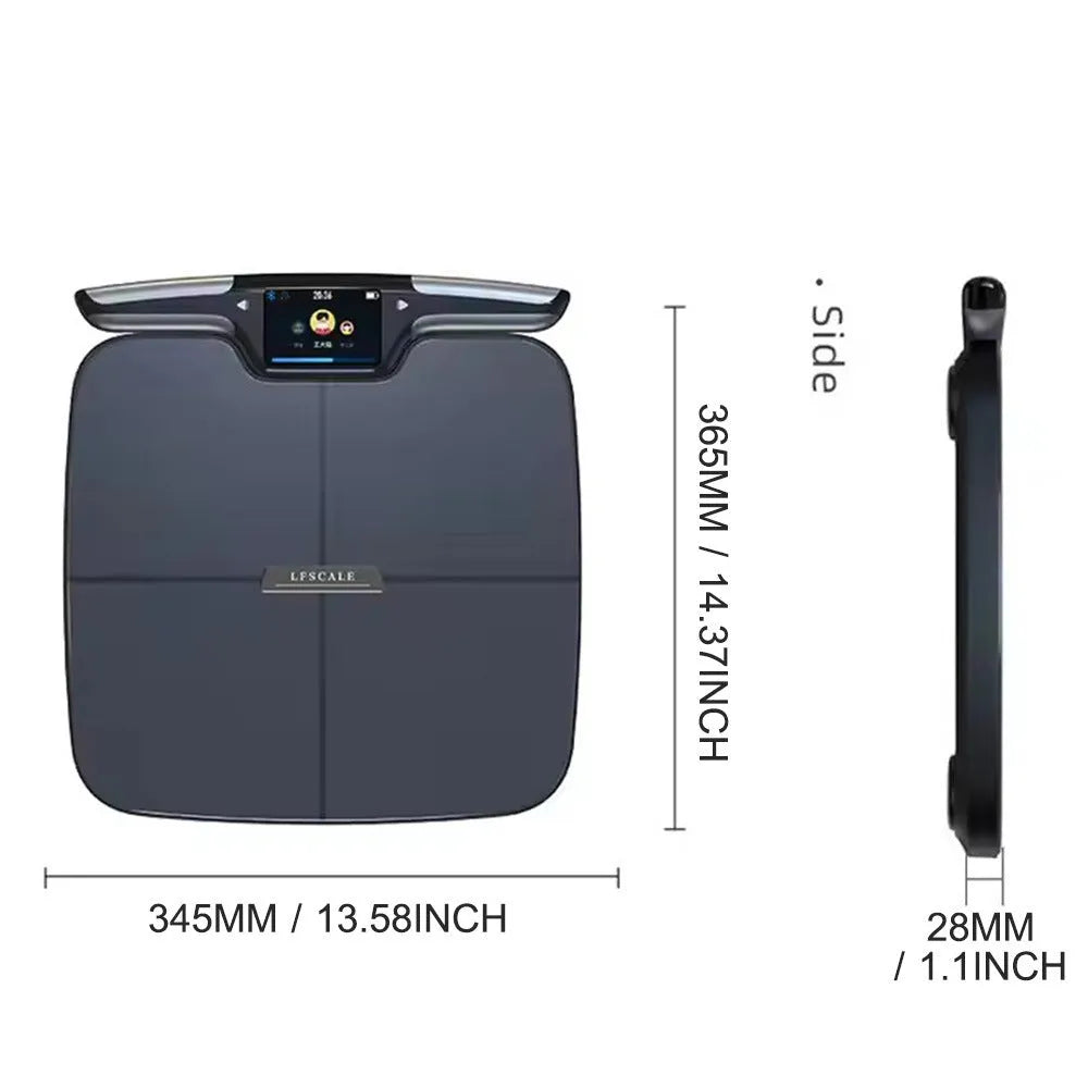 Black eight-electrode body fat scale measuring 45x45cm with digital display