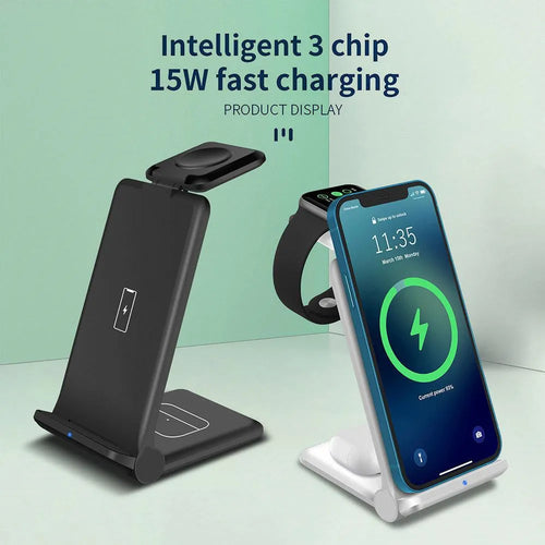 White 3-in-1 foldable wireless charging station charging an iPhone, Apple Watch, and AirPods on a desk.