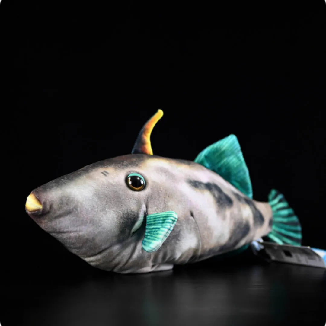 Simulation green fin pufferfish plush toy 42cm flannel stuffed animal on white background