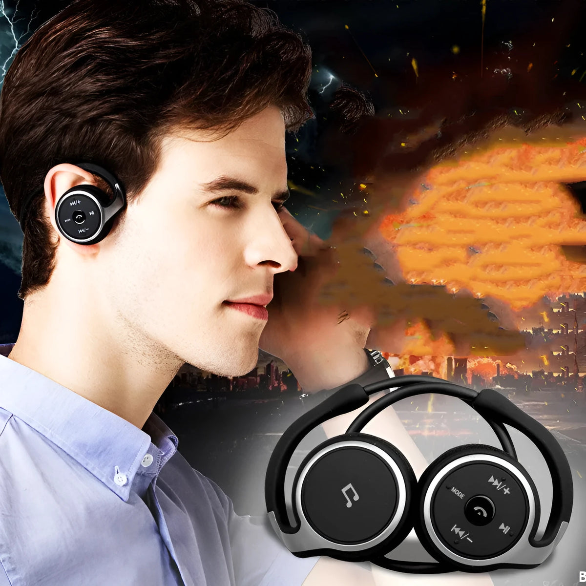 Stereo wireless Bluetooth headset in Black with TF card slot and FM radio