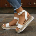 Women's plus size platform sandals with rope bottom, fish mouth toe, buckle fastening, in white, black, or apricot.