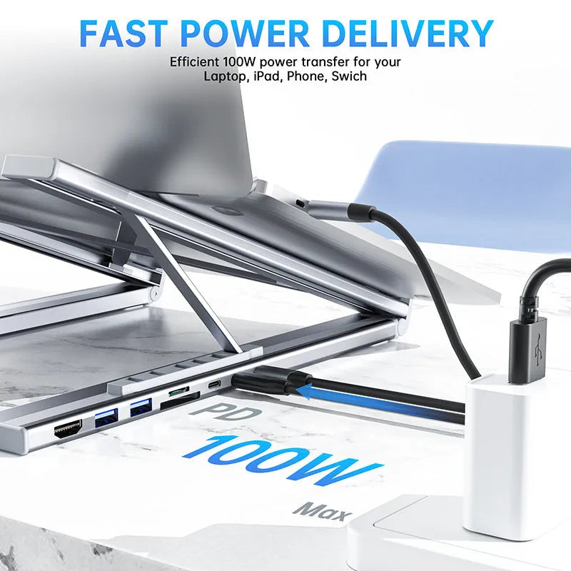 Aluminium alloy folding 8-in-1 HDMI docking station laptop stand with 0.6m cable
