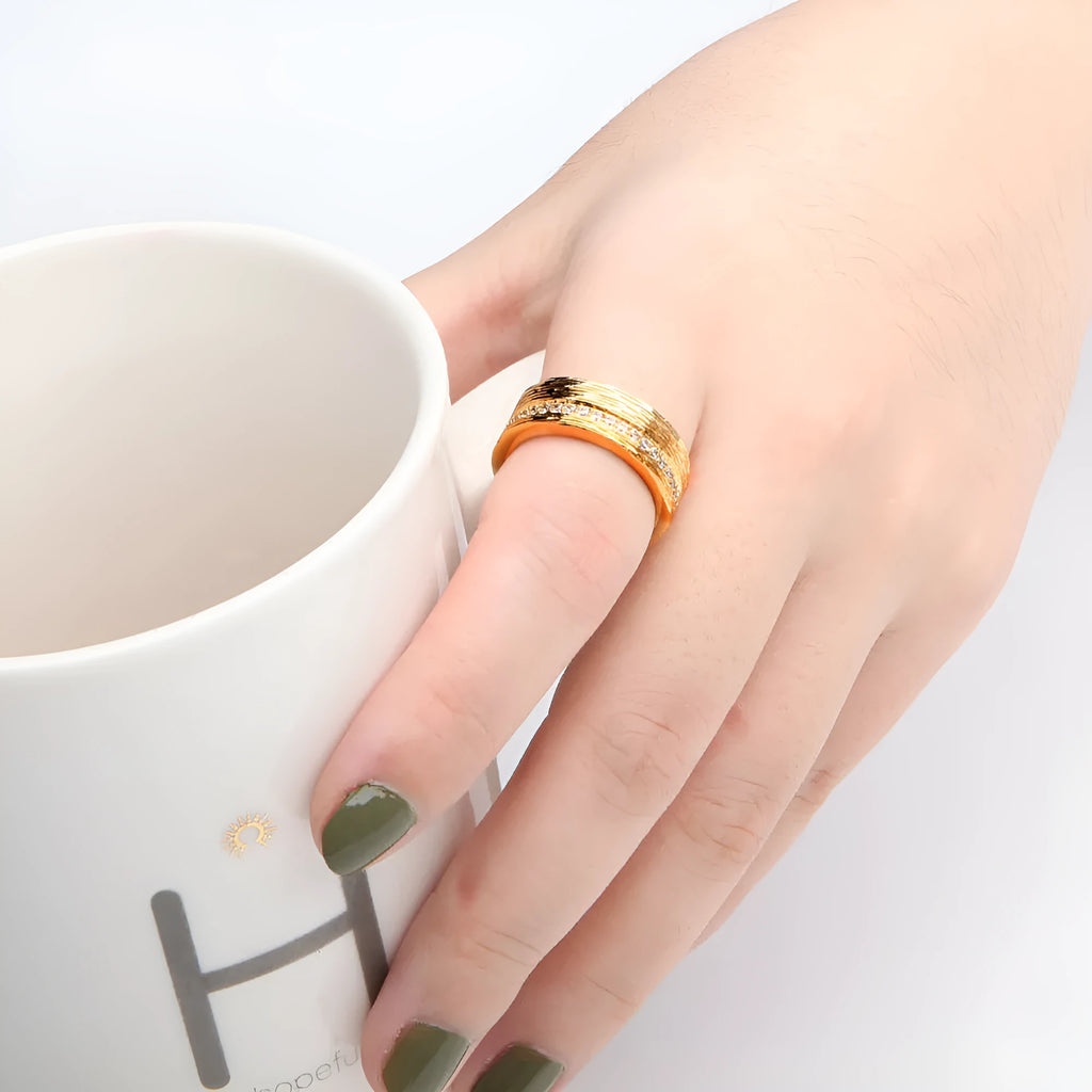 Gold electroplated geometric zircon ring for women in UK sizes 6, 7, 8