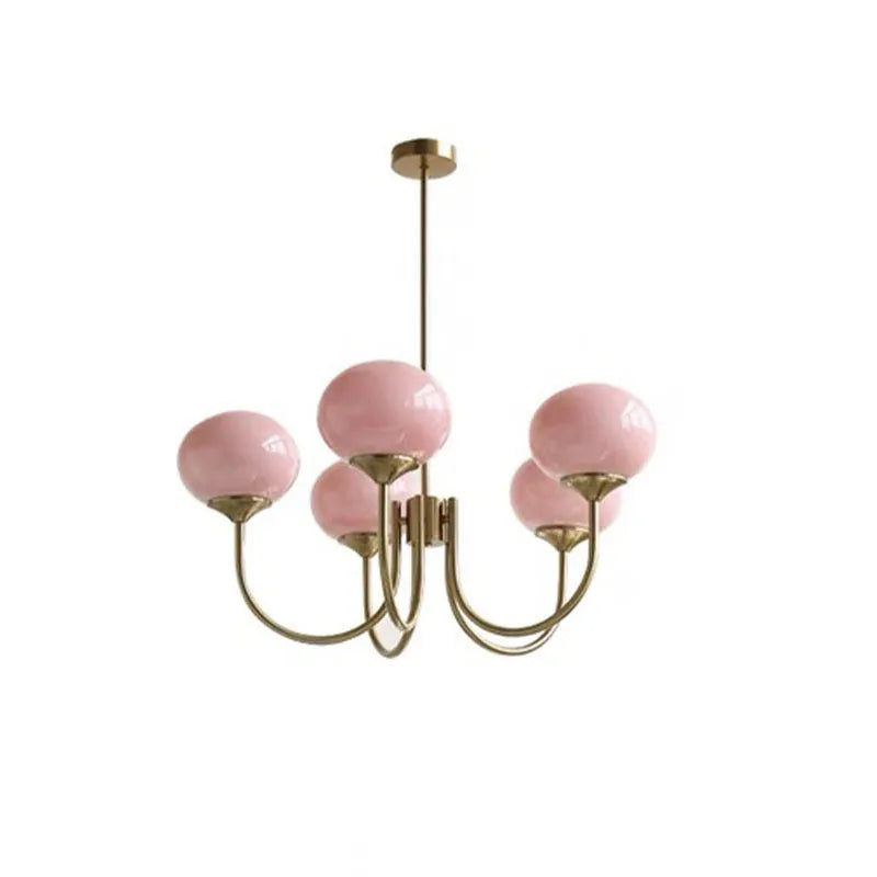 Three-head creative LED chandelier with glass lampshades and iron frame in copper pink finish for living room