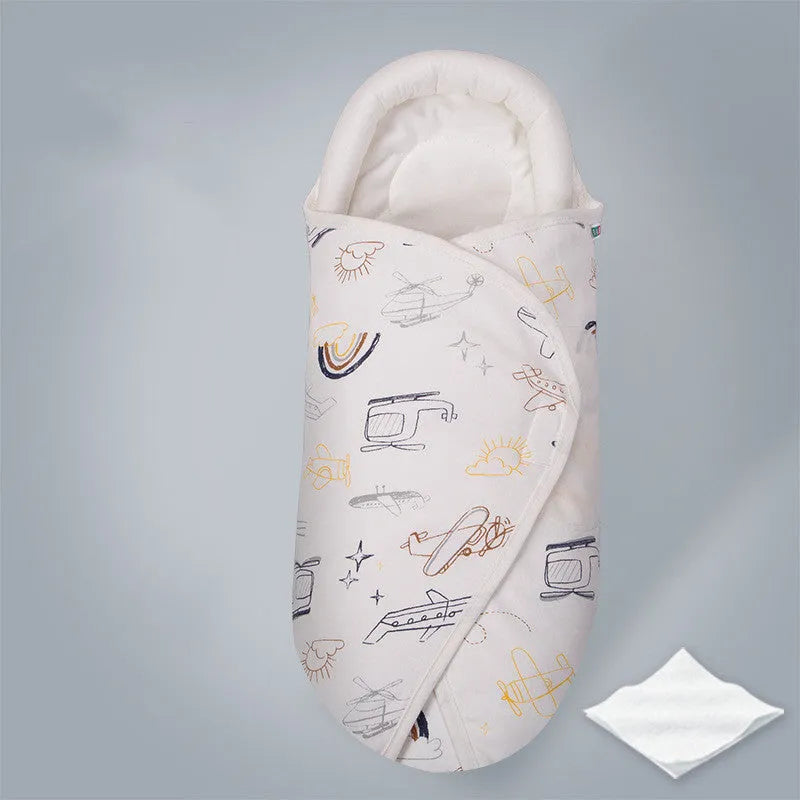 Pure cotton anti-startle baby swaddle in a 30x60 cm size showing one of eight print designs like Dinosaur or Starry Sky.