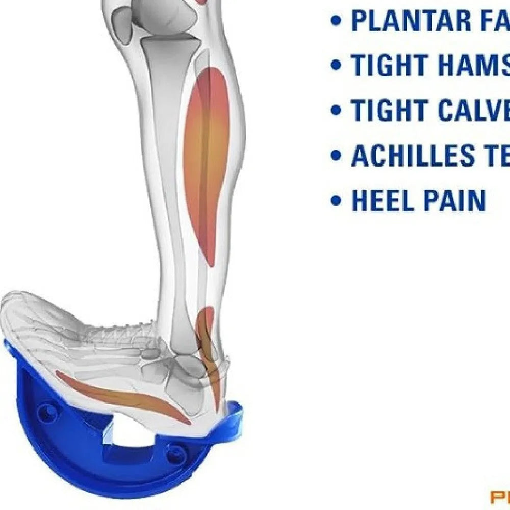 Royal blue lower leg stretcher with a diagonal foot pedal on an ABS plastic base.