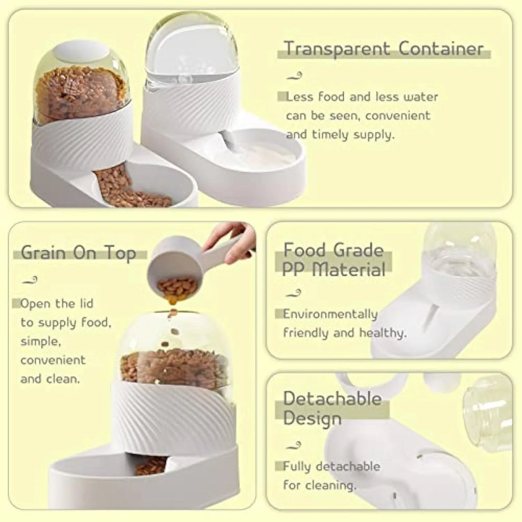 White gravity cat feeder and water dispenser set with wave-shaped design