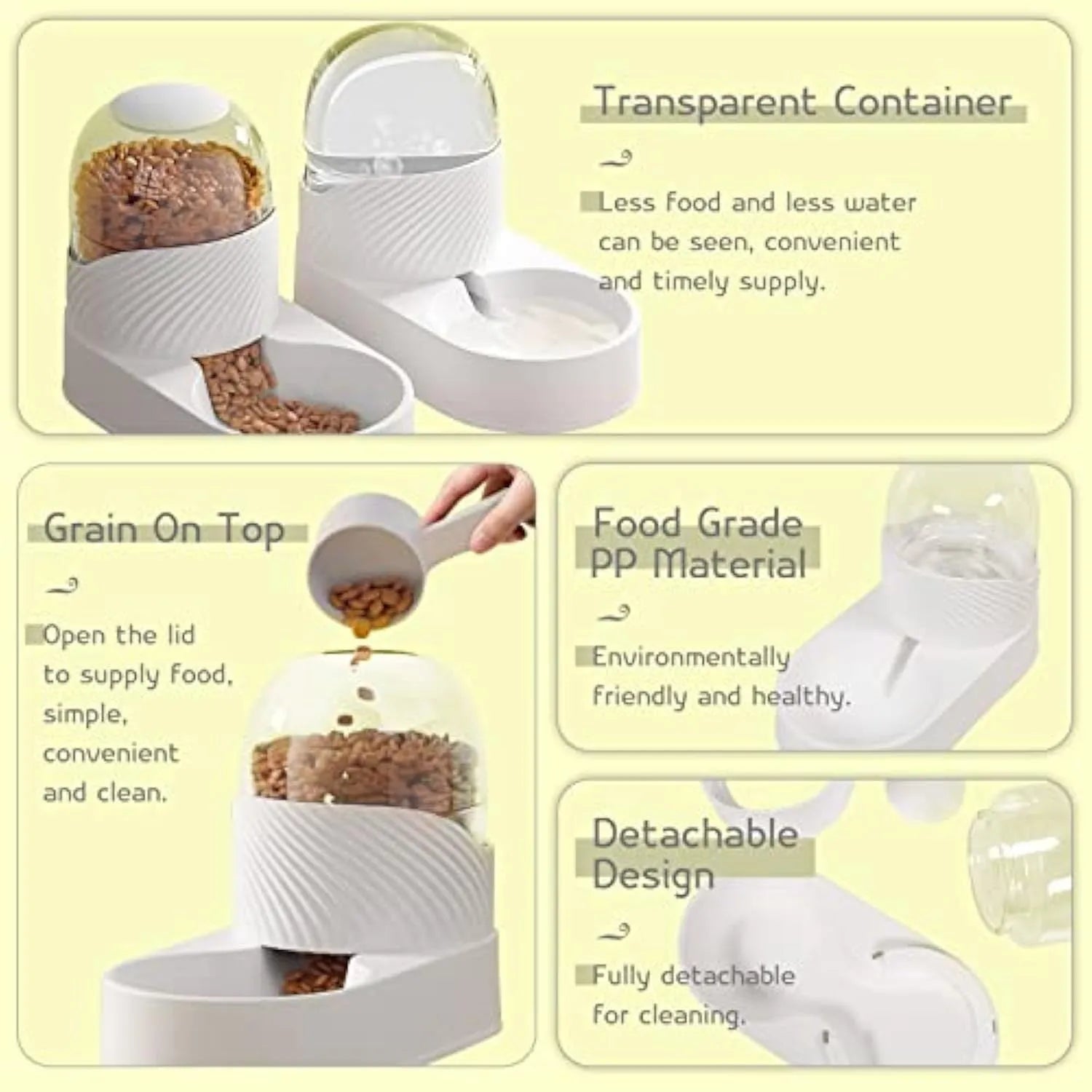 White gravity cat feeder and water dispenser set with wave-shaped design