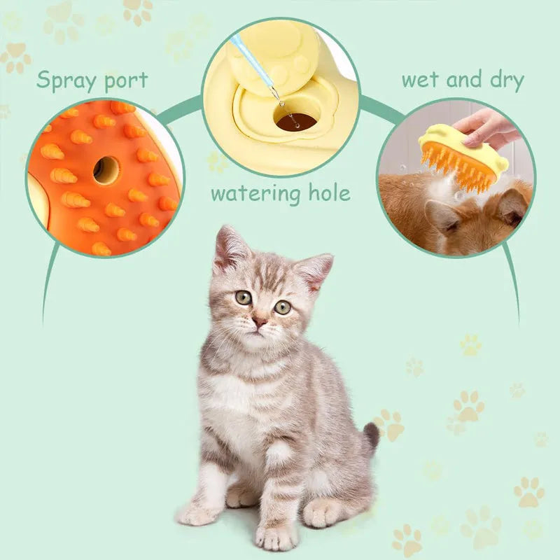 Handheld 3-in-1 steam pet grooming brush for cats and dogs on a white background.