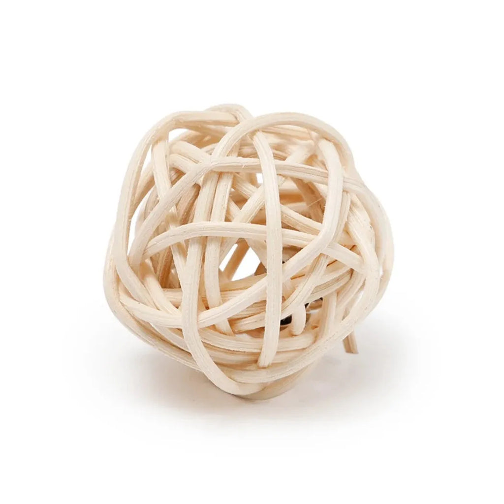 Two cat toys: a rattan ball and a faux feather ball with bell for interactive feline play