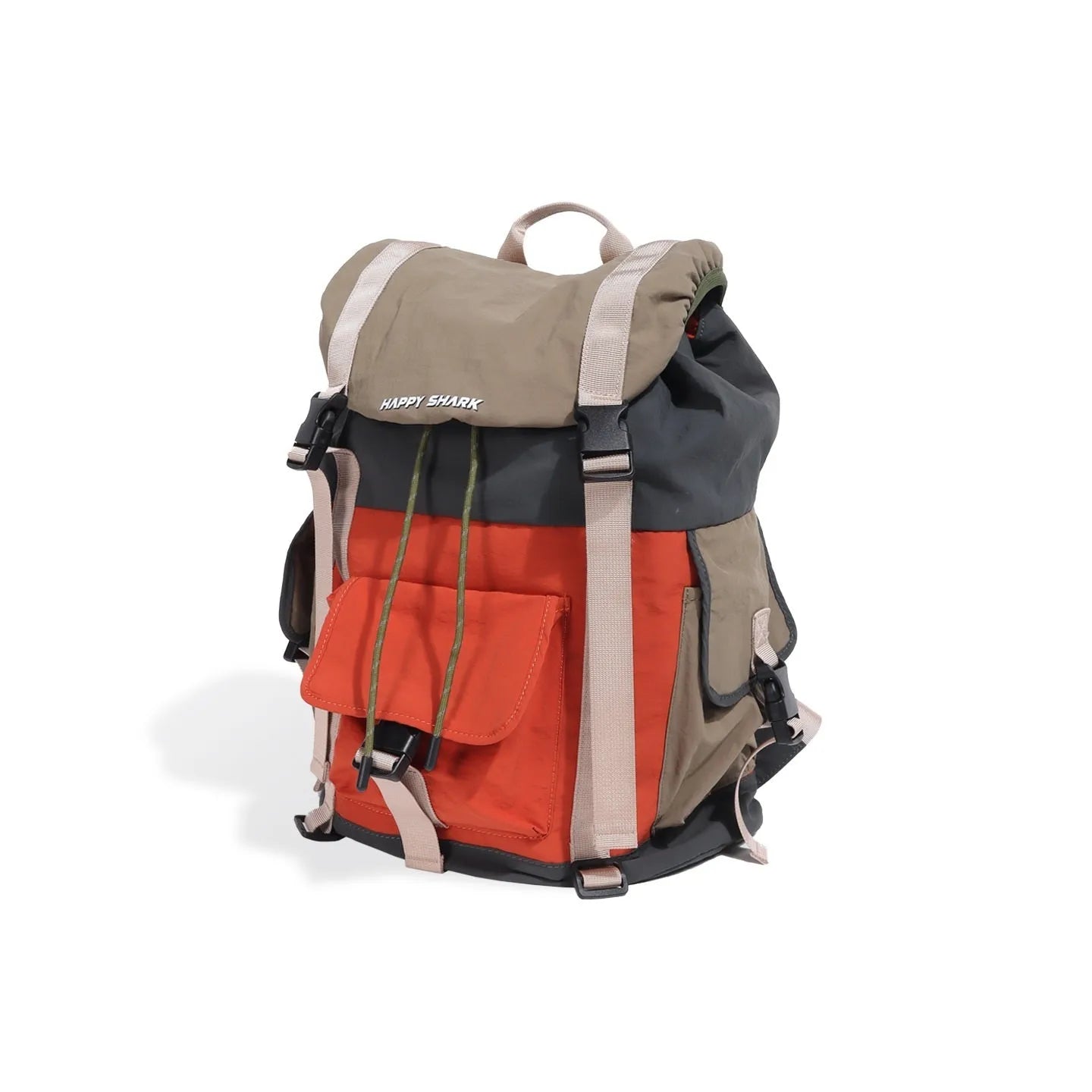 Orange and green contrast colour outdoor backpack with multiple compartments, shown from the side.