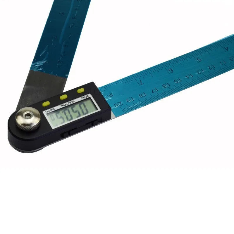 Stainless steel electronic digital display angle ruler measuring tool on workshop surface