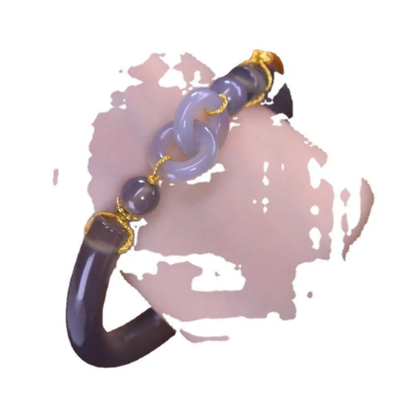 Women's grey smoke purple agate half bracelet with ring buckle clasp in retro styling