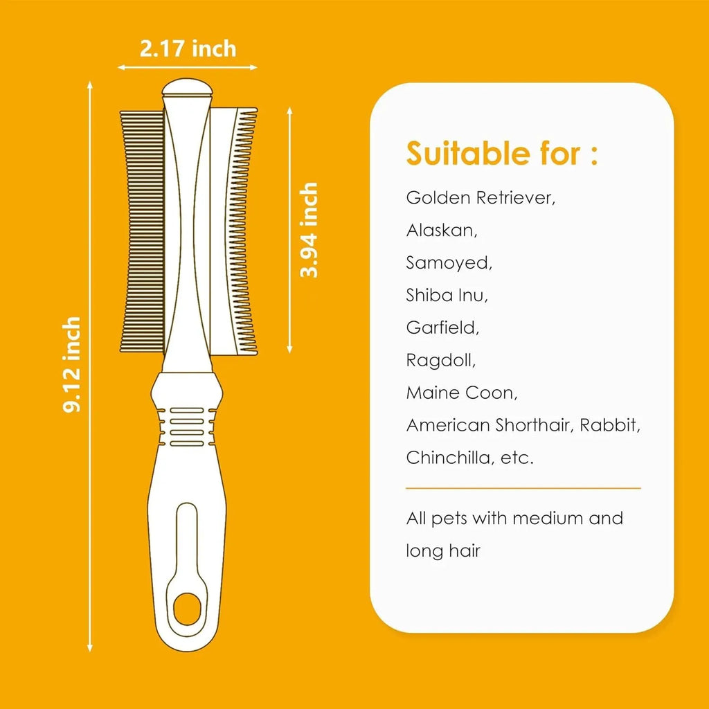 White double-sided pet deshedding brush and comb with ergonomic handle.