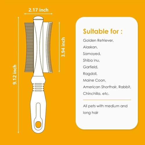 White double-sided pet deshedding brush and comb with ergonomic handle.