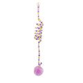 Spring-mounted inflatable ball cat toy with bell, attached to a door via a clear suction cup.
