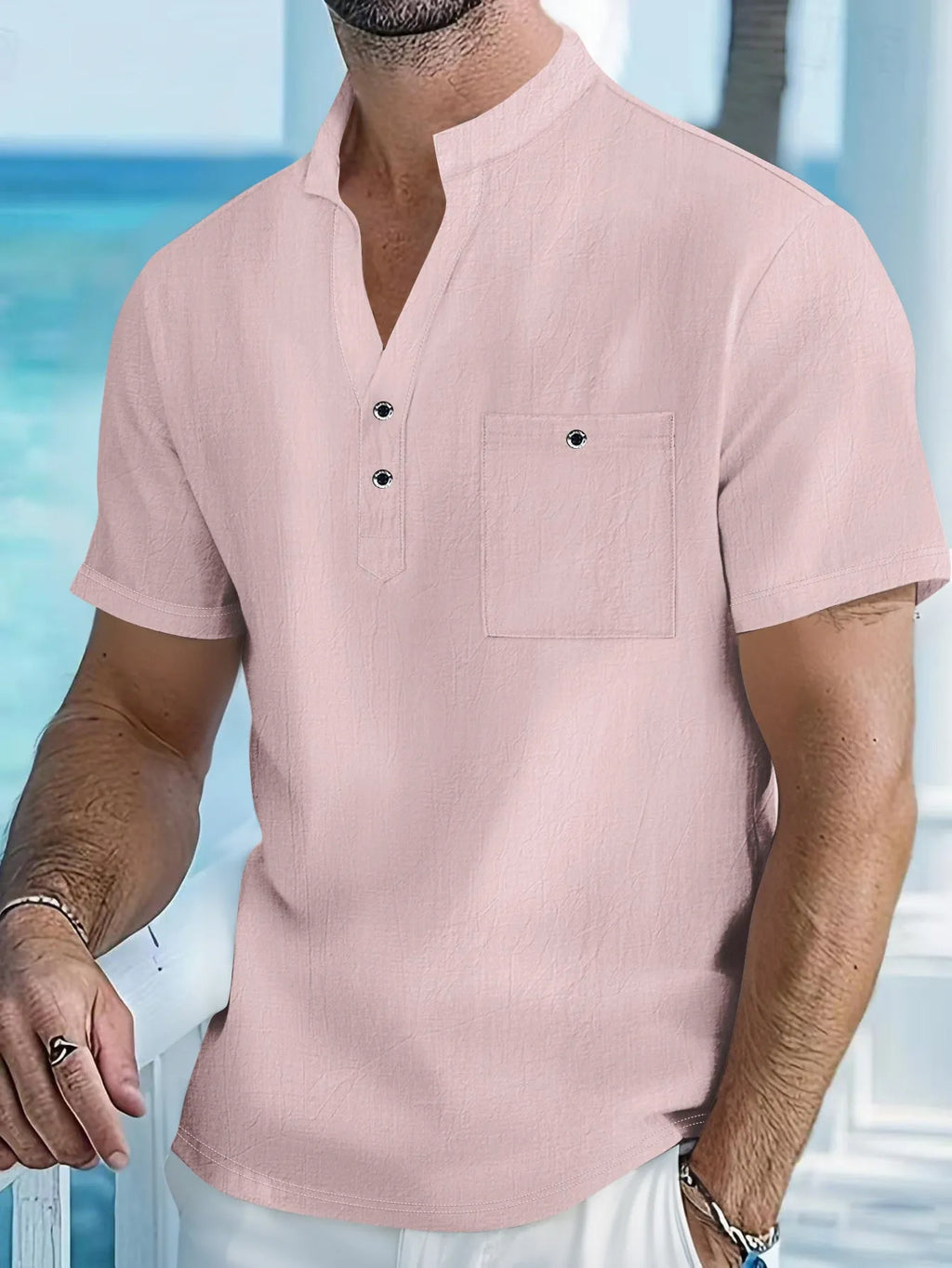 Men's light blue linen short-sleeve shirt with a stand collar and loose pullover fit