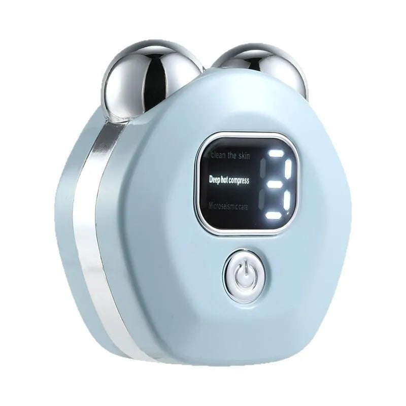 Portable white handheld facial massage instrument with a dual-roller head for micro current and hot compress therapy.