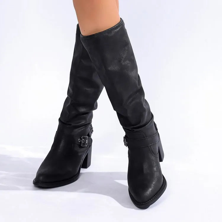 Black women's chunky heel boots with buckle detail, artificial PU upper, rubber sole, tip toe, sizes 36-43