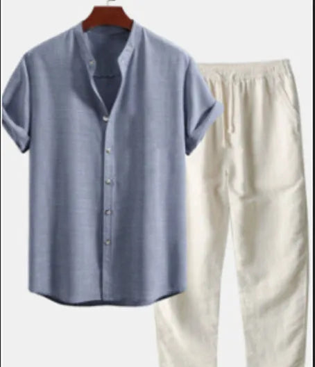 Men's slim fit floral print casual suit with cardigan-style shirt and trousers.