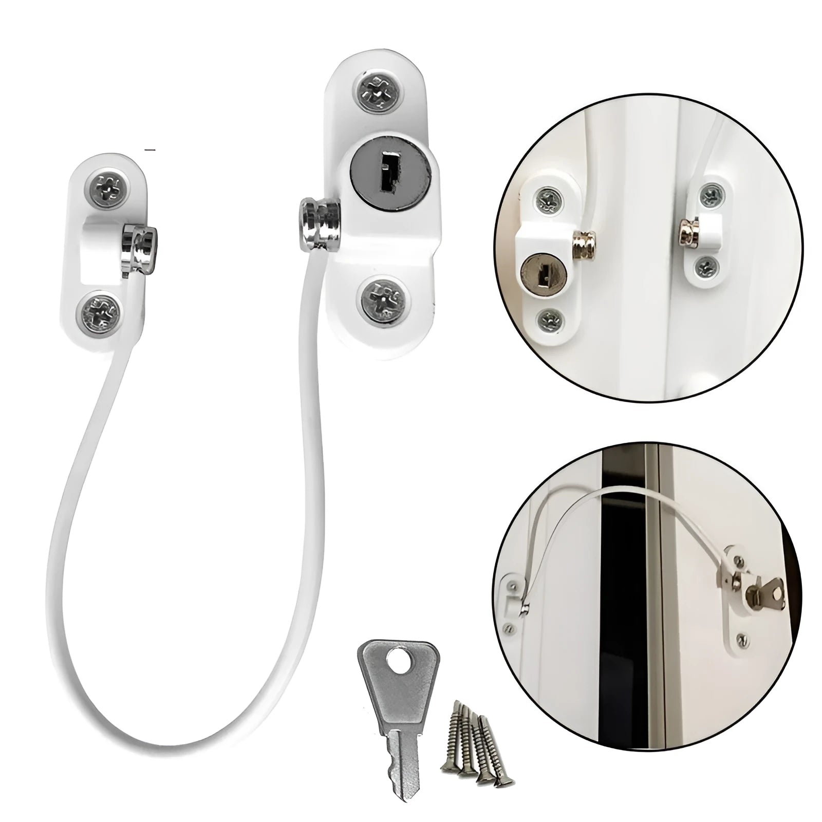 White window security chain lock with 18cm steel cable and locking head on a window frame