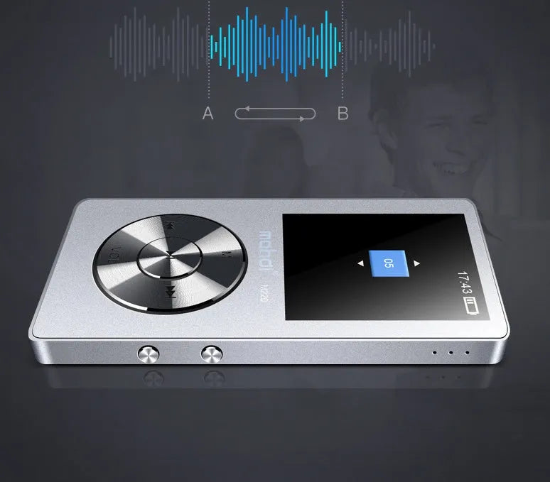 Gold metal MP3 lossless music player with 1.8-inch screen showing menu, alongside headphones