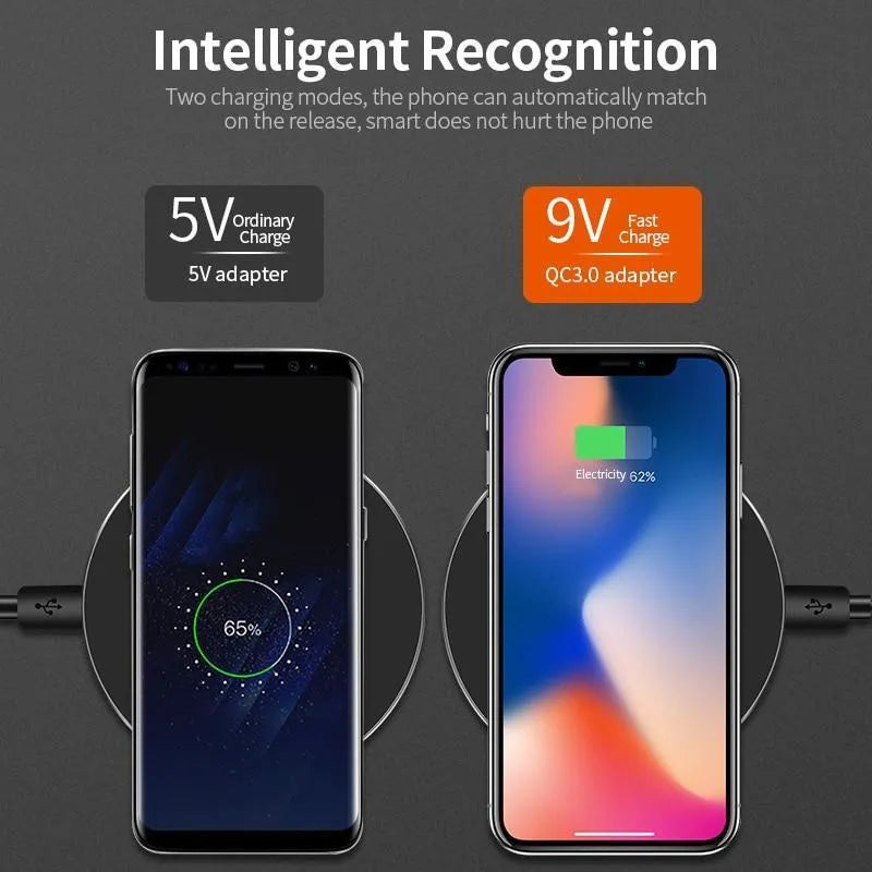 Black ultra-thin wireless fast charging pad measuring 98mm square with USB cable