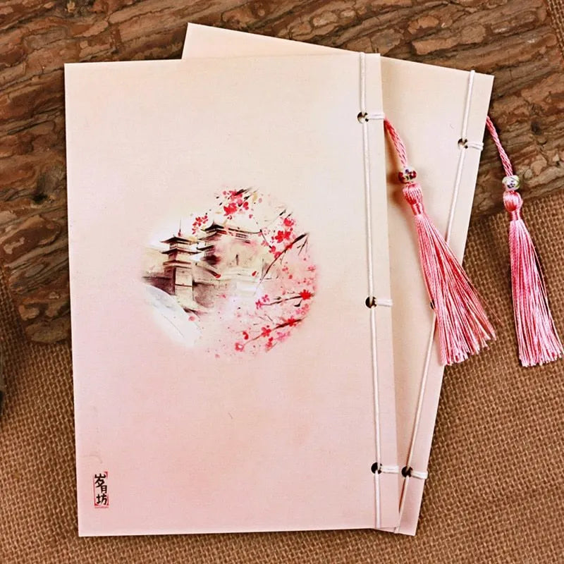 Watercolour retro Chinese style thread-bound notebook with Azalea colour