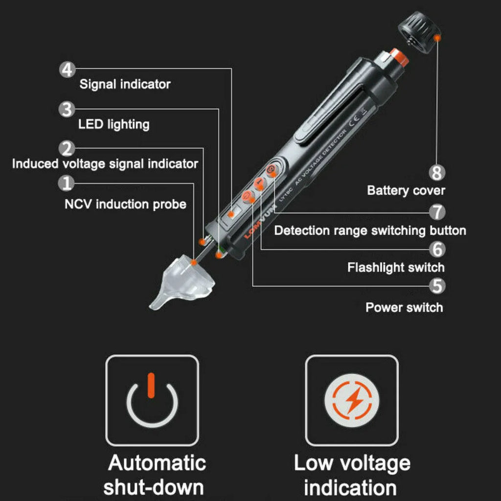 Intelligent electrical test pen for line detection in black or AC 10 colour with sound and light indicators.