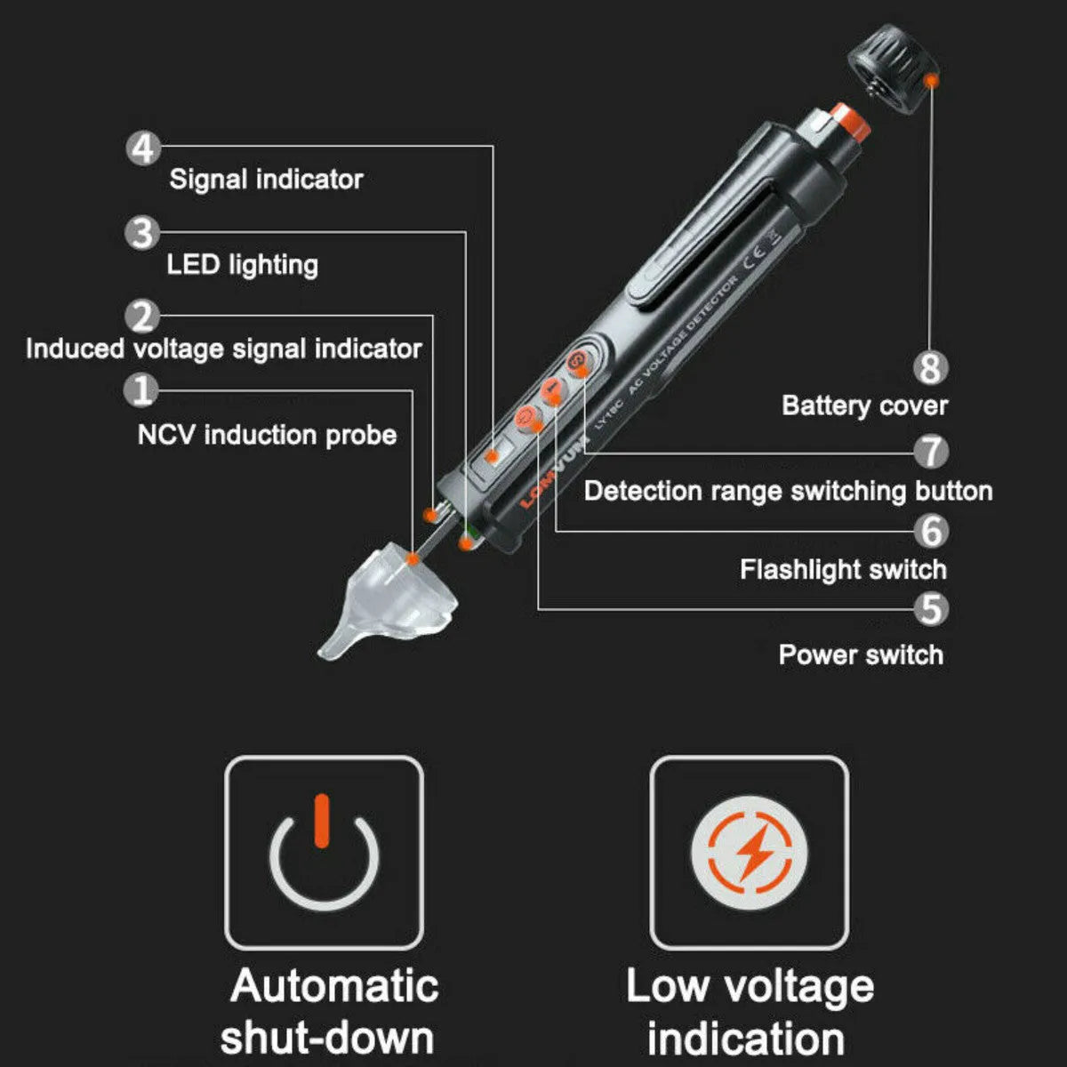 Intelligent electrical test pen for line detection in black or AC 10 colour with sound and light indicators.