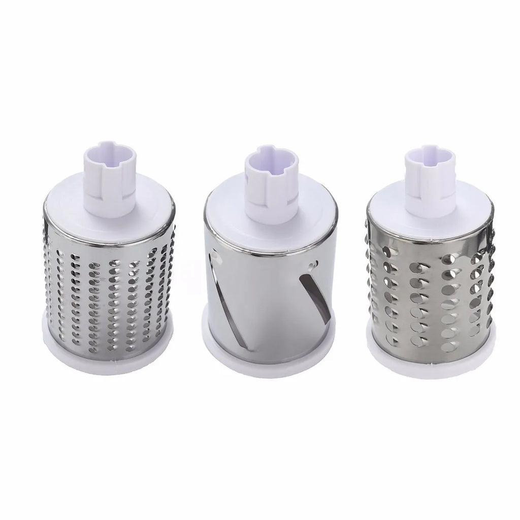 Round vegetable mandoline slicer with stainless steel blades and suction base in green colour
