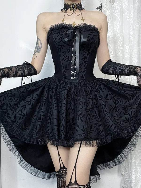 Black gothic flocking bra trailing dress with bow detail sleeveless nylon