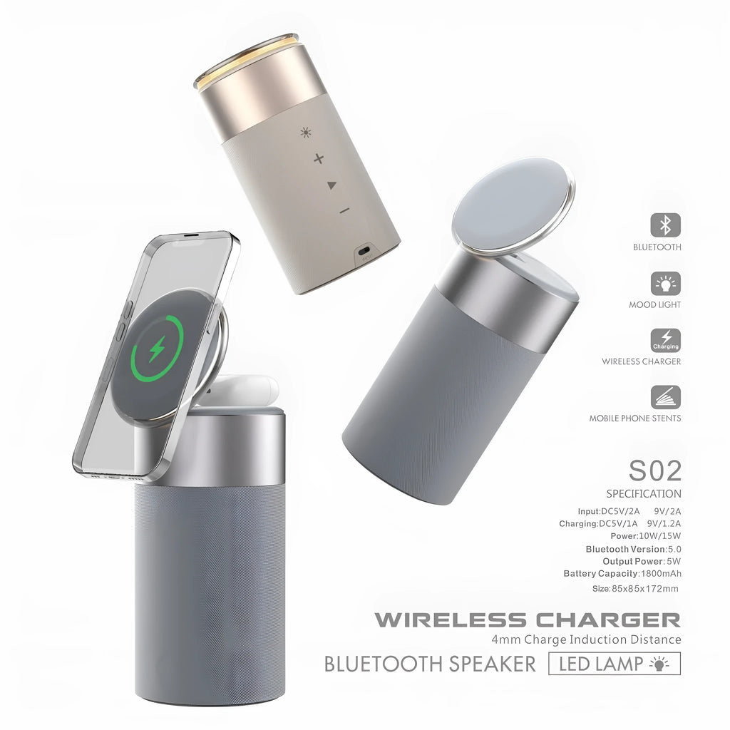 Magnetic wireless charger for earphone and cellphone in beige with button operation, on a desk