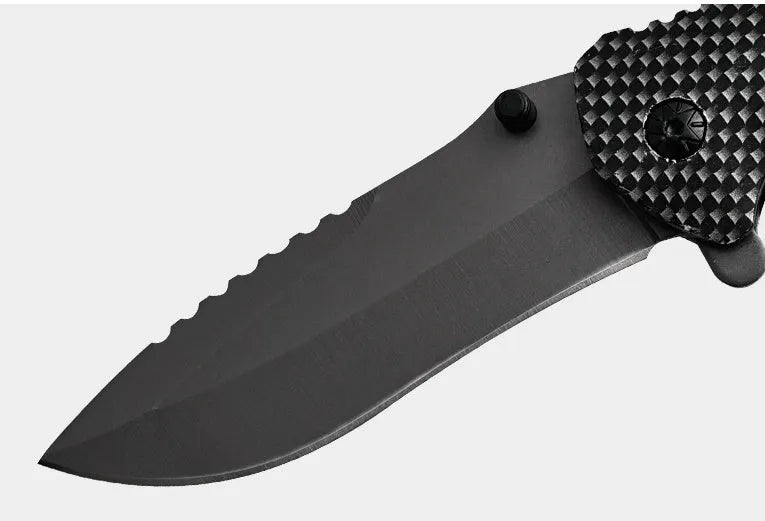 Folding camping knife with sandalwood handle, open 9cm stainless steel blade showing Laser Damascus pattern