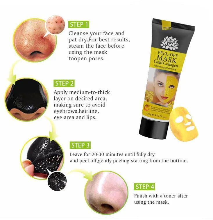 Gold Collagen Peel off Mask in a 120g container with mud formulation for anti-aging and acne treatment