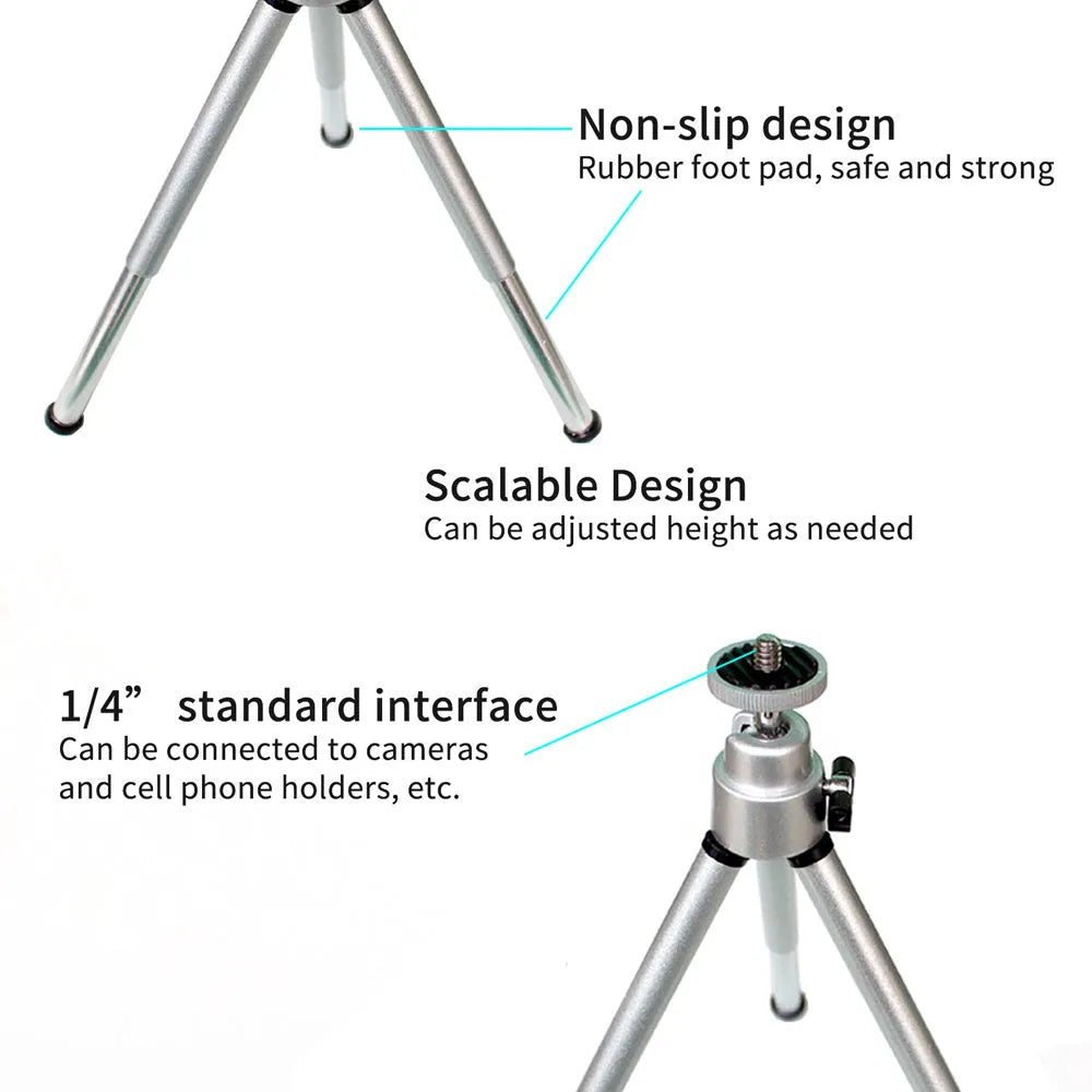 Compact mini desktop tripod with extendable aluminium legs and a black U-shaped phone clip attached.