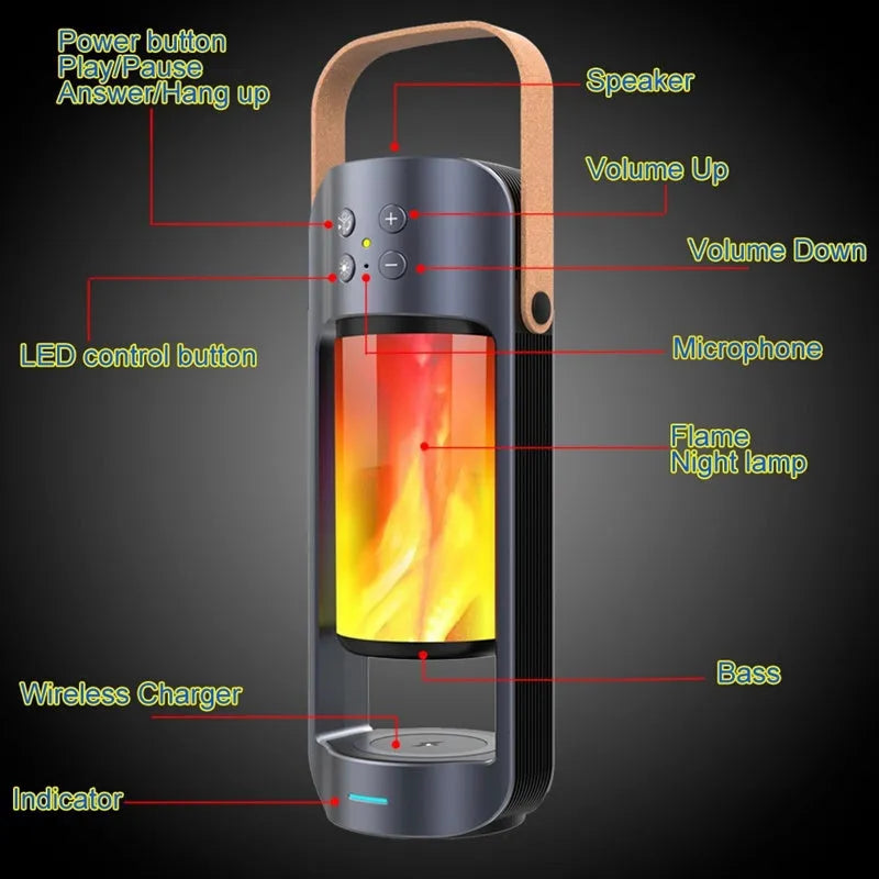 Alpha Flame Light Bluetooth Speaker showing decorative yellow flame effect and wireless charging pad.