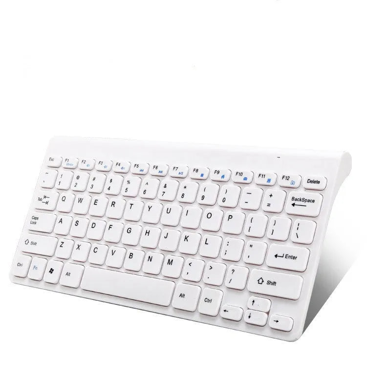 Black and white wireless keyboard and mouse set showing 78-key layout and 4-button mouse design