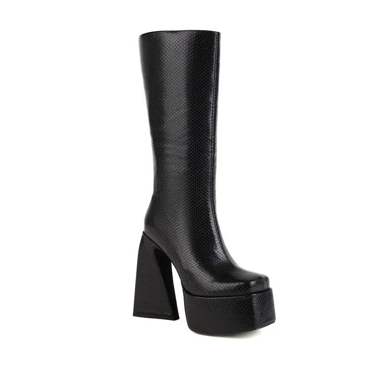 Women's high boots in black, red, blue, and white colours showing artificial PU material and casual style