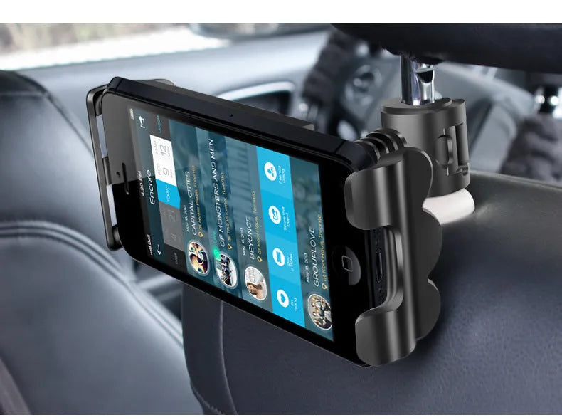 Black universal car headrest mount holding a tablet, showing 360-degree rotation and extendable arm.