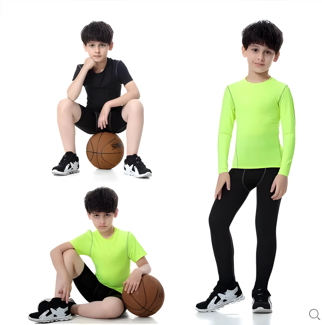 Children's sportswear set showing black and green t-shirts, shorts, and trousers for football and active play.