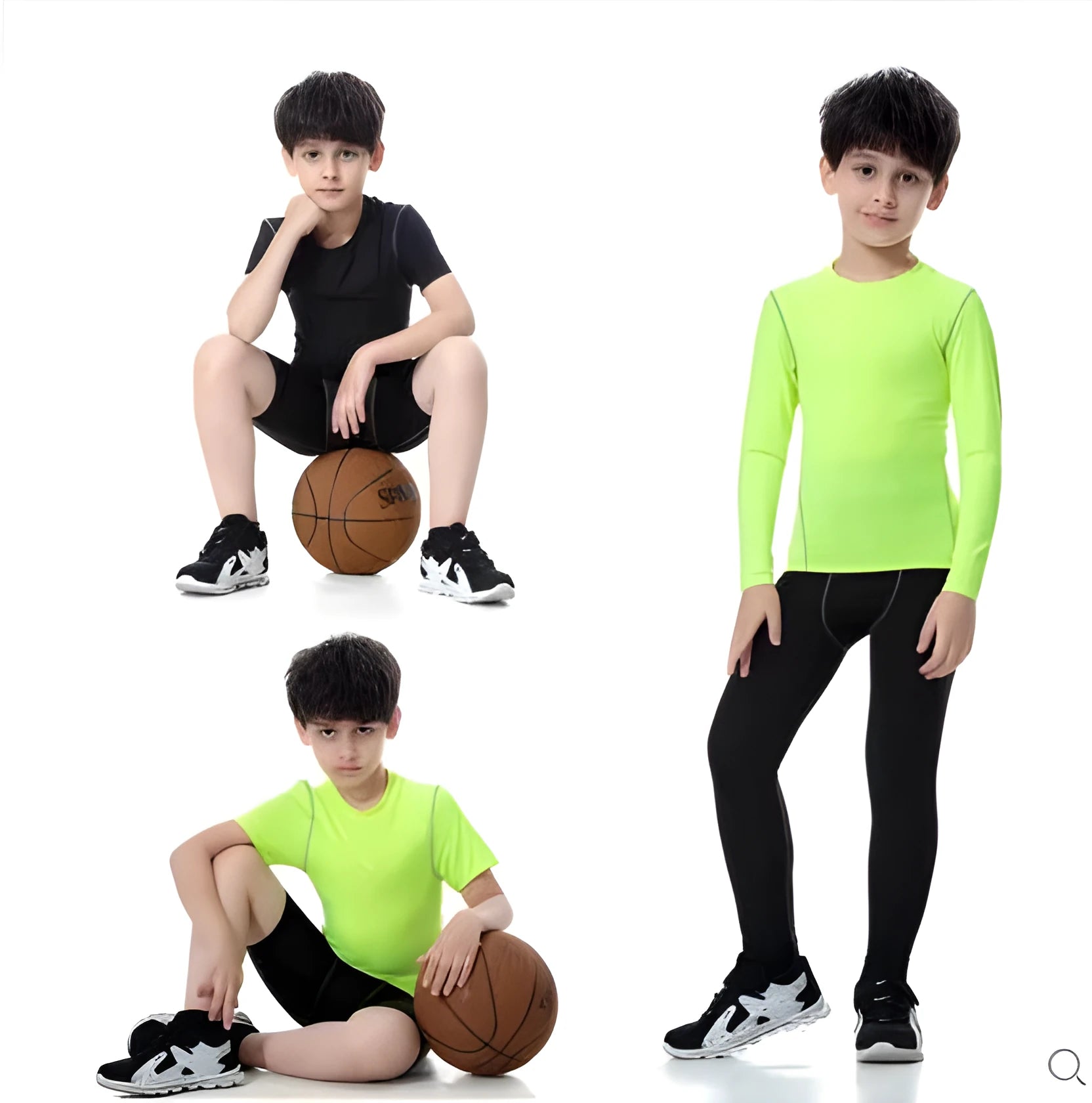 Children's sportswear set showing black and green t-shirts, shorts, and trousers for football and active play.