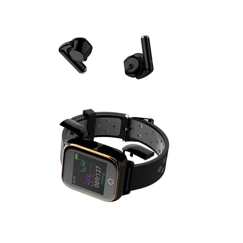 Black smartwatch with integrated Bluetooth earbuds stored in the watch case for fitness tracking and calls.