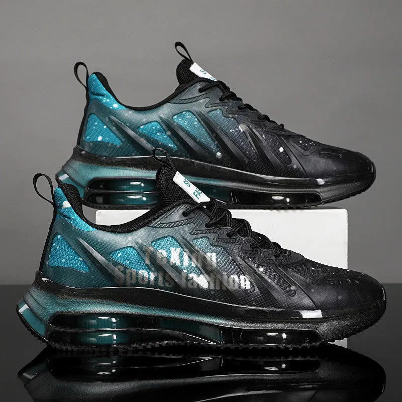 Men's black green casual platform shoes with mesh upper and rubber sole, shown with lace-up front.