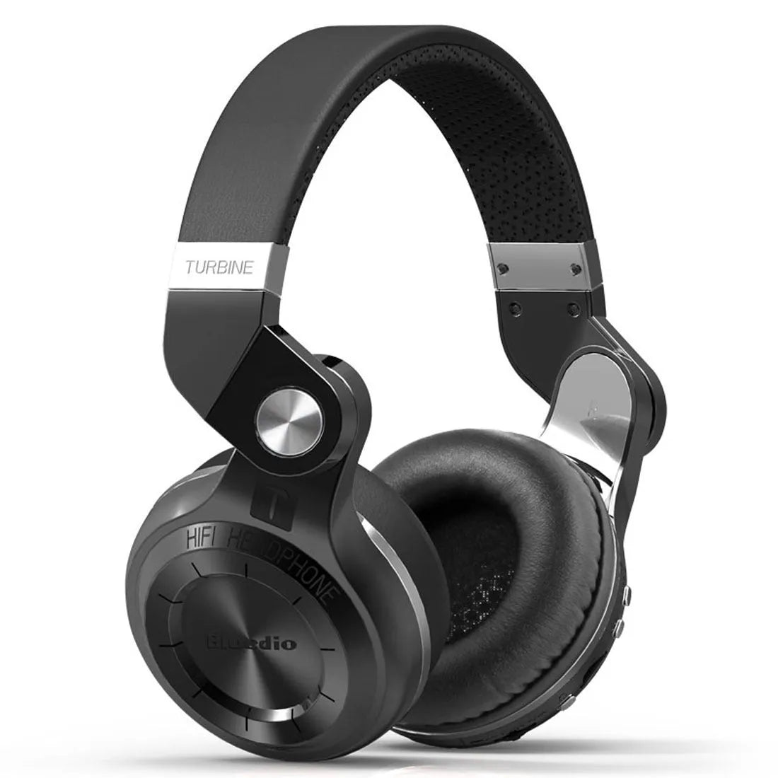 Black Bluetooth stereo headset with over-ear design shown on a white background.