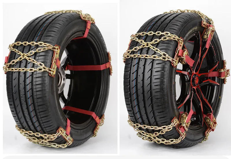 Anti-skid snow chain in wear-resistant steel with copper colour, shown for car and off-road tyre use on ice snow and mud