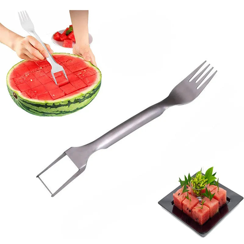 Stainless steel watermelon slicer and fork tool on a kitchen surface
